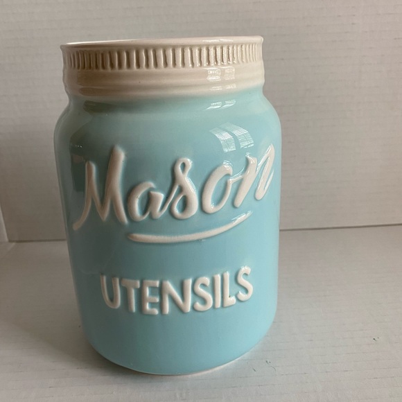 Blue Ceramic Mason Jar Utensil Crock - Retro Farmhouse with Salt Pepper Shakers - Picture 2 of 4
